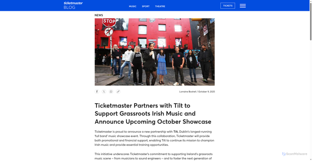 Security scan screenshot of https://blog.ticketmaster.ie/news/ticketmaster-partners-with-tilt-to-support-grassroots-irish-music-and-announce-upcoming-october-showcase-15062
