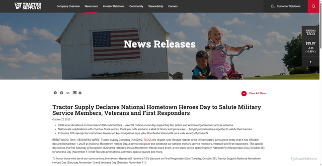 Security scan screenshot of https://corporate.tractorsupply.com/newsroom/news-releases/news-releases-details/2025/Tractor-Supply-Declares-National-Hometown-Heroes-Day-to-Salute-Military-Service-Members-Veterans-and-First-Responders/default.aspx