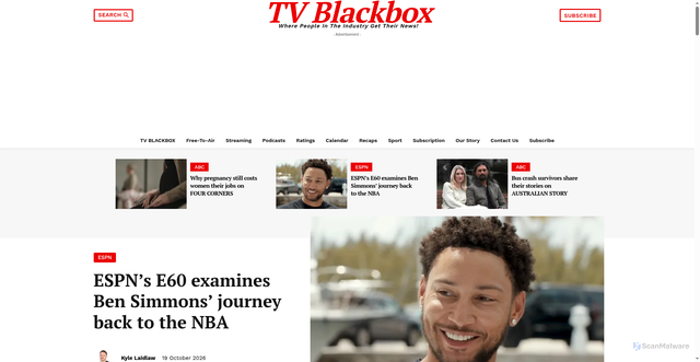 Security scan screenshot of https://tvblackbox.com.au/page/2026/10/19/espns-e60-examines-ben-simmons-journey-back-to-the-nba/