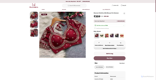 Security scan screenshot of https://blousewala.shop/Red-Vichitra-Silk-Blouse-For-Women/catalogue/ye387aGQ/wt9CFzQe