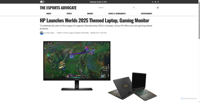 Security scan screenshot of https://esportsadvocate.net/2025/10/hp-launches-worlds-2025-themed-laptop-gaming-monitor/