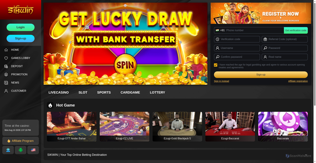 Security scan screenshot of https://sikwin.com/?sub_id_2=Sikwin&sub_id_3=sikwin22.com&sub_id_4=India&sub_id_5=game_baccarat