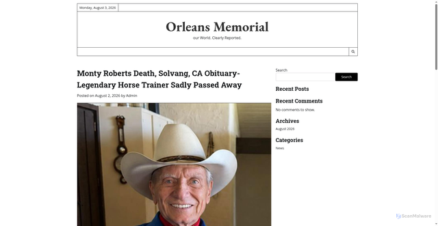 Security scan screenshot of https://orleansmemorial.site/monty-roberts-death-solvang-ca-obituary-legendary-horse-trainer-sadly-passed-away/