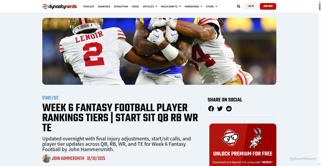 Security scan screenshot of https://www.dynastynerds.com/start-sit/week-6-fantasy-football-player-rankings-tiers-start-sit-qb-rb-wr-te/