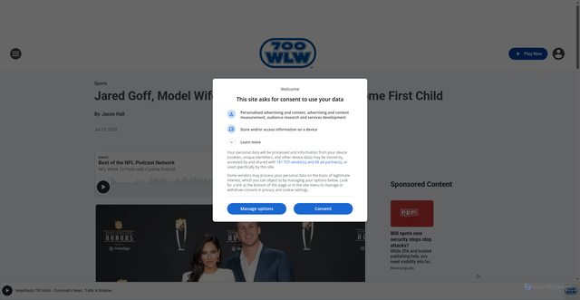 Security scan screenshot of https://700wlw.iheart.com/content/2025-07-15-jared-goff-model-wife-christen-harper-goff-welcome-first-child/