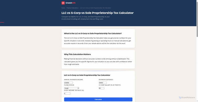 Security scan screenshot of https://crunchmilk.pages.dev/llc-vs-scorp-vs-sole-prop-calculator/