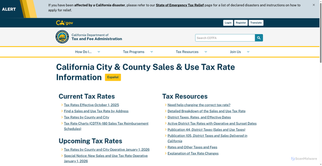 Security scan screenshot of https://cdtfa.ca.gov/taxes-and-fees/sales-use-tax-rates.htm