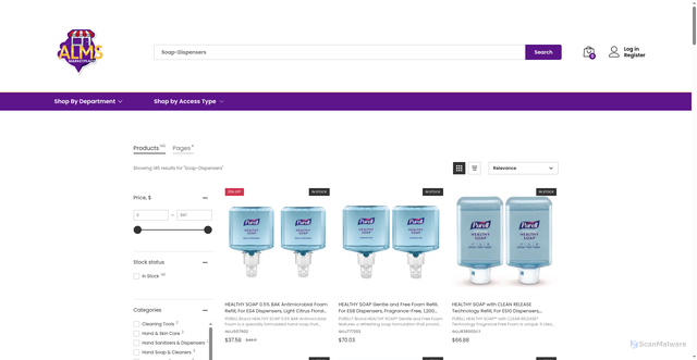 Security scan screenshot of https://almsmarketplace.com/search-results/?q=Soap-Dispensers