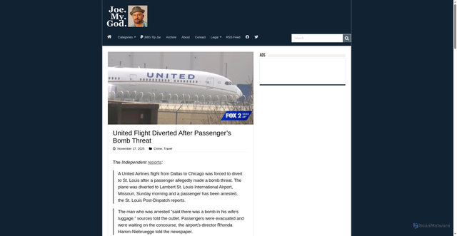 Security scan screenshot of https://www.joemygod.com/2025/11/united-flight-diverted-after-passengers-bomb-threat/