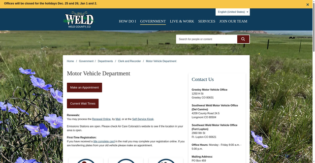 Security scan screenshot of https://www.weld.gov/Government/Departments/Clerk-and-Recorder/Motor-Vehicle-Department