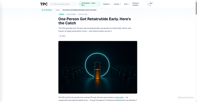 Security scan screenshot of https://thepeptidecatalog.com/articles/retatrutide-compassionate-use-79-year-old-access