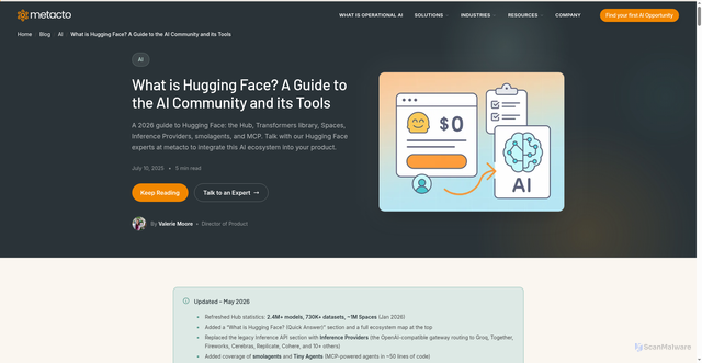 Security scan screenshot of https://www.metacto.com/blogs/what-is-hugging-face-a-guide-to-the-ai-community-and-its-tools