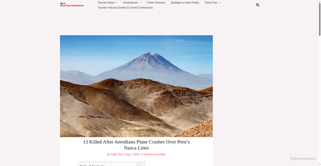 Security scan screenshot of https://www.rustourismnews.com/2026/08/02/13-killed-after-aerodiana-plane-crashes-over-perus-nazca-lines/