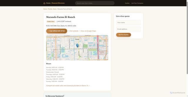 Security scan screenshot of https://estate-cleanout.pages.dev/biz/marando-farms-ranch-davie-fl/