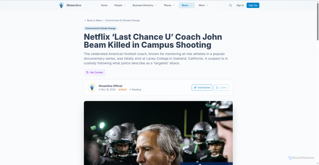 Security scan screenshot of https://streamlinefeed.co.ke/news/netflix-last-chance-u-coach-john-beam-killed-in-campus-shooting