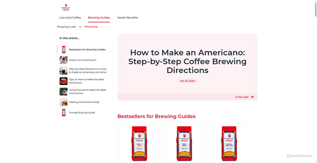 Security scan screenshot of https://puroast.com/a/guide/category/brewing-guides-c-KHNK/how-to-make-an-americano-step-by-step-coffee-brewing-directions-q-sRjbLt