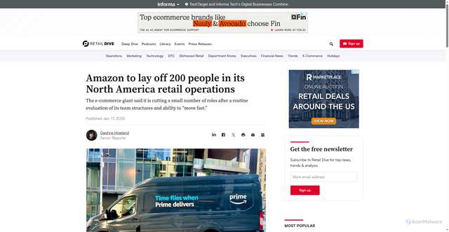 Security scan screenshot of https://www.retaildive.com/news/amazon-layoffs-200-people-north-america-retail-operations/737652/
