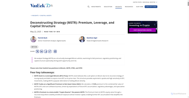 Security scan screenshot of https://www.vaneck.com/us/en/blogs/digital-assets/matthew-sigel-deconstructing-strategy-mstr-premium-leverage-and-capital-structure/