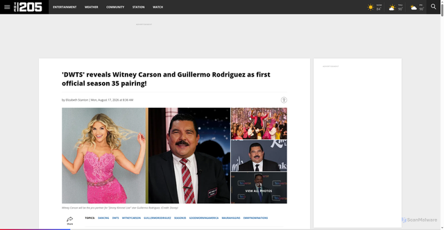 Security scan screenshot of https://wtto21.com/entertainment/dwts-reveals-witney-carson-and-guillermo-rodriguez-as-first-official-season-35-pairing