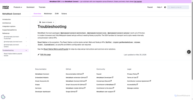 Security scan screenshot of http://metamask-docs-p13jojaa8-consensys-ddffed67.vercel.app/metamask-connect/troubleshooting/