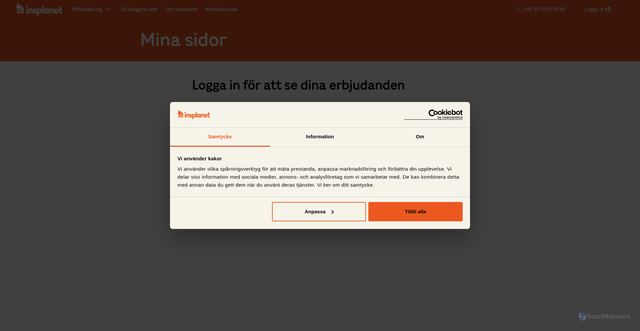 Security scan screenshot of https://www.insplanet.com/mina-sidor?apcid=0069d221b04d3c860e36860a&utm_campaign=Insplanet_newsletter&utm_content=footer_minasidor&utm_medium=email&utm_source=ortto