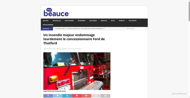 Security scan screenshot of https://mabeauce.com/un-incendie-majeur-endommage-lourdement-le-concessionnaire-ford-de-thetford/