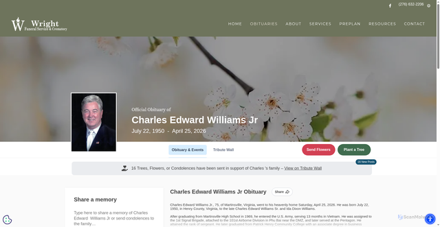 Security scan screenshot of https://www.wrightfuneralservices.net/obituaries/Charles-Edward-Williams-Jr?obId=48260492