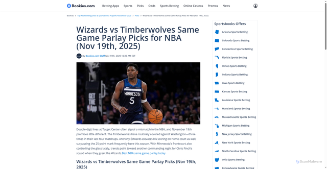 Security scan screenshot of https://bookies.com/nba/picks/wizards-vs-timberwolves-same-game-parlay-picks-for-nba-nov-19th-2025