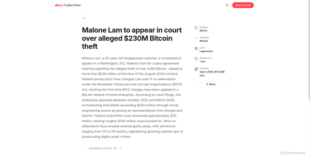 Security scan screenshot of https://tradersview.deriv.me/trending-news/malone-lam-to-appear-in-court-over-alleged-230m-bitcoin-theft