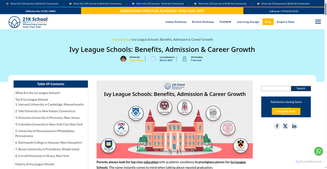 Security scan screenshot of https://www.21kschool.com/us/blog/ivy-league-schools/