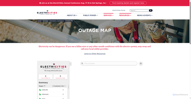 Security scan screenshot of https://www.electricities.com/services/emergency-assistance/outage-map/