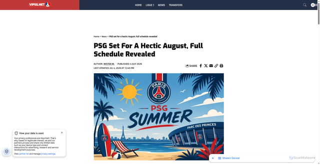 Security scan screenshot of https://www.vipsg.net/news/psg-set-for-a-hectic-august-full-schedule-revealed-280777/