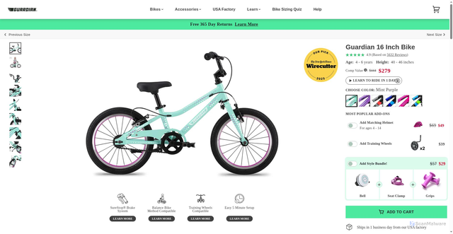 Security scan screenshot of https://guardianbikes.com/products/16-inch-bike