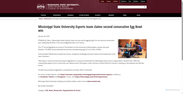 Security scan screenshot of https://www.bagley.msstate.edu/news/mississippi-state-university-esports-team-claims-second-consecutive-egg-bowl-win/