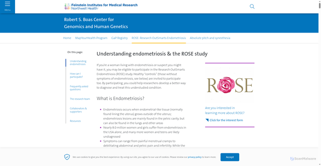 Security scan screenshot of https://feinstein.northwell.edu/institutes-researchers/institute-molecular-medicine/robert-s-boas-center-for-genomics-and-human-genetics/rose-research-outsmarts-endometriosis