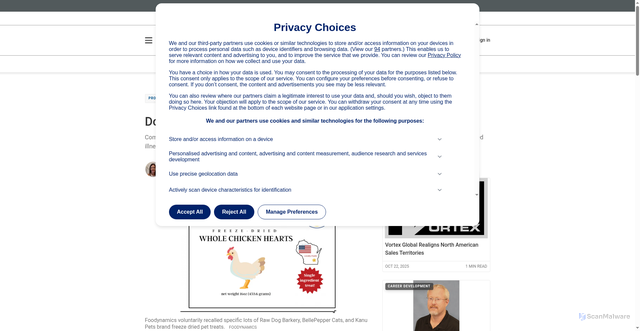 Security scan screenshot of https://www.powderbulksolids.com/product-recalls/dog-food-pet-treats-recalled-due-to-salmonella