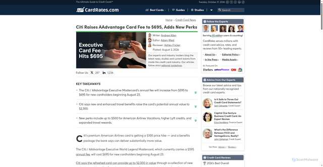 Security scan screenshot of https://www.cardrates.com/news/citi-raises-aadvantage-card-fee-to-695-adds-new-perks/