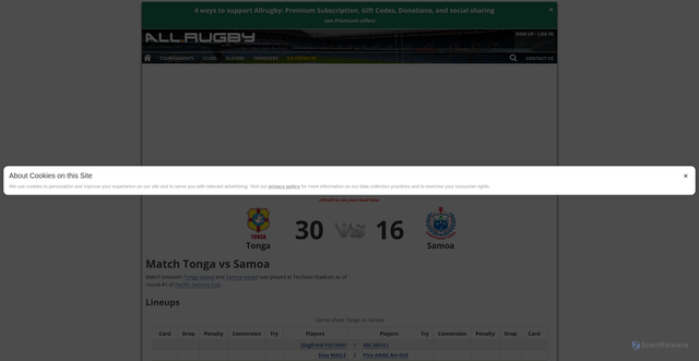 Security scan screenshot of https://all.rugby/match/23633/pacific-nations-cup-2025/tonga-samoa