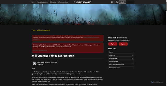Security scan screenshot of https://forums.bhvr.com/dead-by-daylight/discussion/383769/will-stranger-things-ever-return