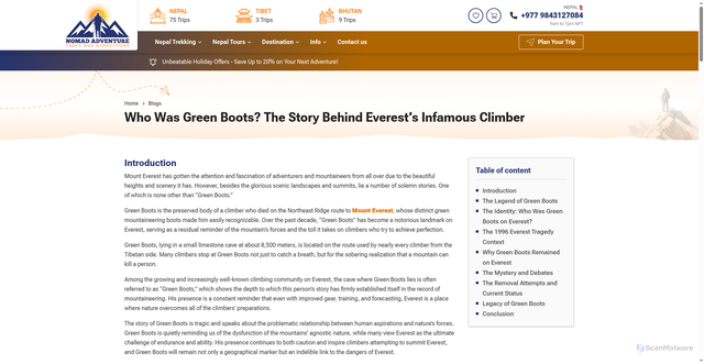 Security scan screenshot of https://www.nomadadventuretreks.com/blog/who-was-green-boots-on-everests-infamous-climber/