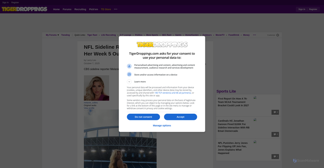 Security scan screenshot of https://www.tigerdroppings.com/nfl/nfl-sideline-reporter-melanie-collins-shows-off-her-week-5-outfit/120553347/