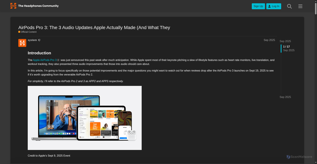 Security scan screenshot of https://forum.headphones.com/t/airpods-pro-3-the-3-audio-updates-apple-actually-made-and-what-they/26427