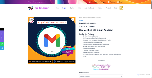 Security scan screenshot of https://topsellagency.com/product/buy-old-gmail-accounts/