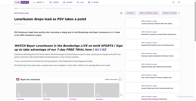 Security scan screenshot of https://www.beinsports.com/en-nz/football/uefa-champions-league/articles/leverkusen-drops-lead-as-psv-takes-a-point-2025-10-01