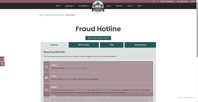 Security scan screenshot of https://www.legmt.gov/lad/fraud-hotline/