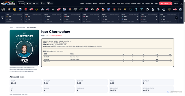 Security scan screenshot of https://pickaleague.com/en/hockey/nhl/players/igor-chernyshov-8484994