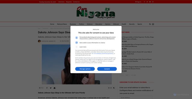 Security scan screenshot of https://ournigerianews.com/dakota-johnson-says-sleep-is-her-ultimate-self-care-priority/