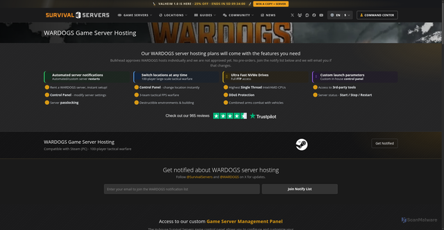 Security scan screenshot of https://www.survivalservers.com/services/game_servers/wardogs/