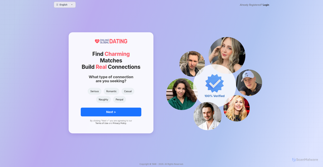 Security scan screenshot of https://www.onlineglobaldating.com/mrqa/register01.php?aid=2830&oid=CP287341&qpid_offer_id=OGD_802315TUIKO&qpid_subid=xferryx0303&source_tag=XENG