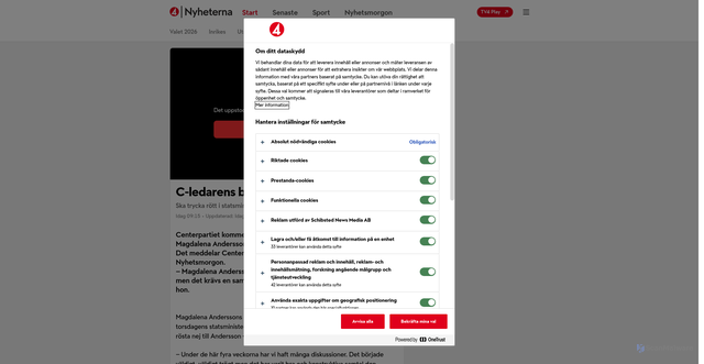 Security scan screenshot of https://www.tv4.se/artikel/1UHb0Kf6AHAMgFlpghQWKe/c-ledarens-besked-vi-roestar-nej-till-magdalena-andersson-idag